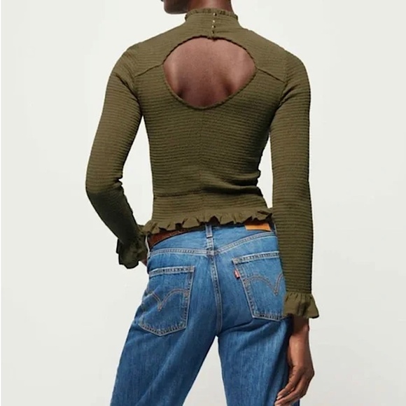 NATION LTD Yael Smocked High Ruffle Neck Top Ozark Green Pima Cotton Cutout Back - Picture 5 of 16